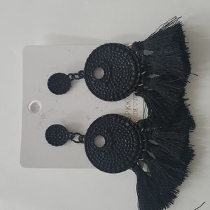 BLACK ROUND TRIBAL FRINGE EARRINGS